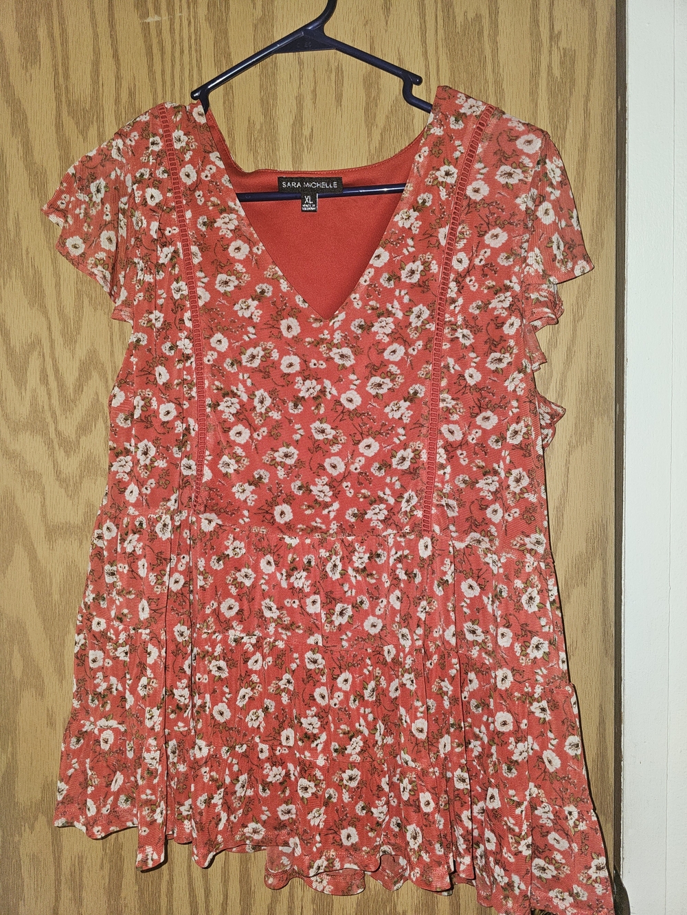 Sara Michelle Coral Floral V-Neck Blouse